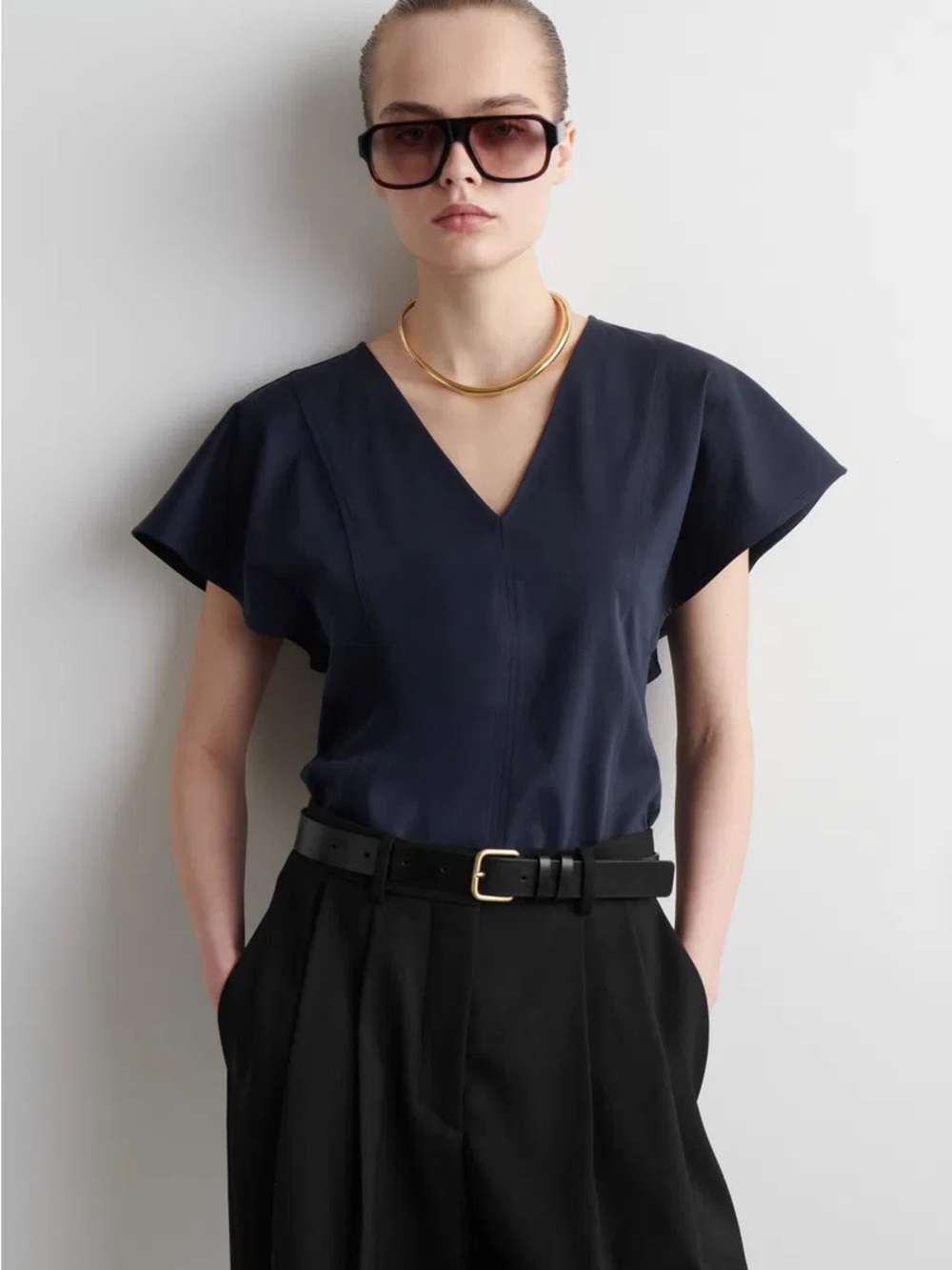 Cos petal sleeve cotton top, black, size S